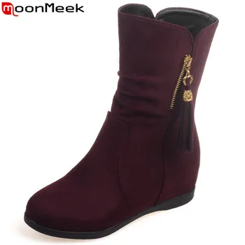 

MoonMeek big size 34-43 fashion autumn winter boots women round toe flock height increasing shoes casual womens ankle boots