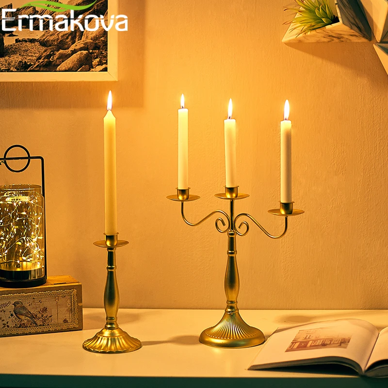 

ERMAKOVA Metal Candle Holder Stand Candelabra Taper Golden Candlestick Floral Peacock Embossed Wedding Event Party Candelabra