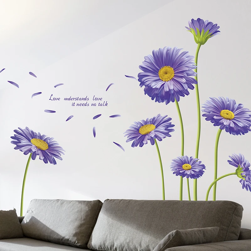 

[SHIJUEHEZI] New York Aster Flower Blossom Wall Stickers Purple Flores Wall Decals for Living Room Bedroom Decoration