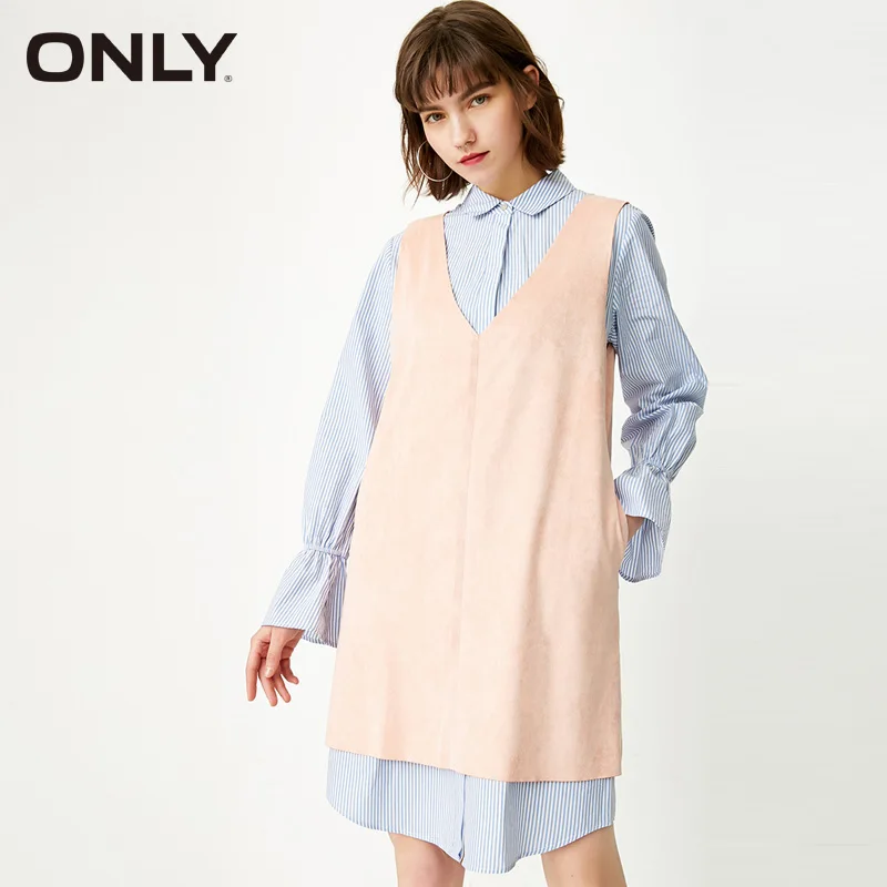 

ONLY 2019 Spring Summer New Elasticized Slightly Flared Sleeves Two-piece Spliced Dress |118107535