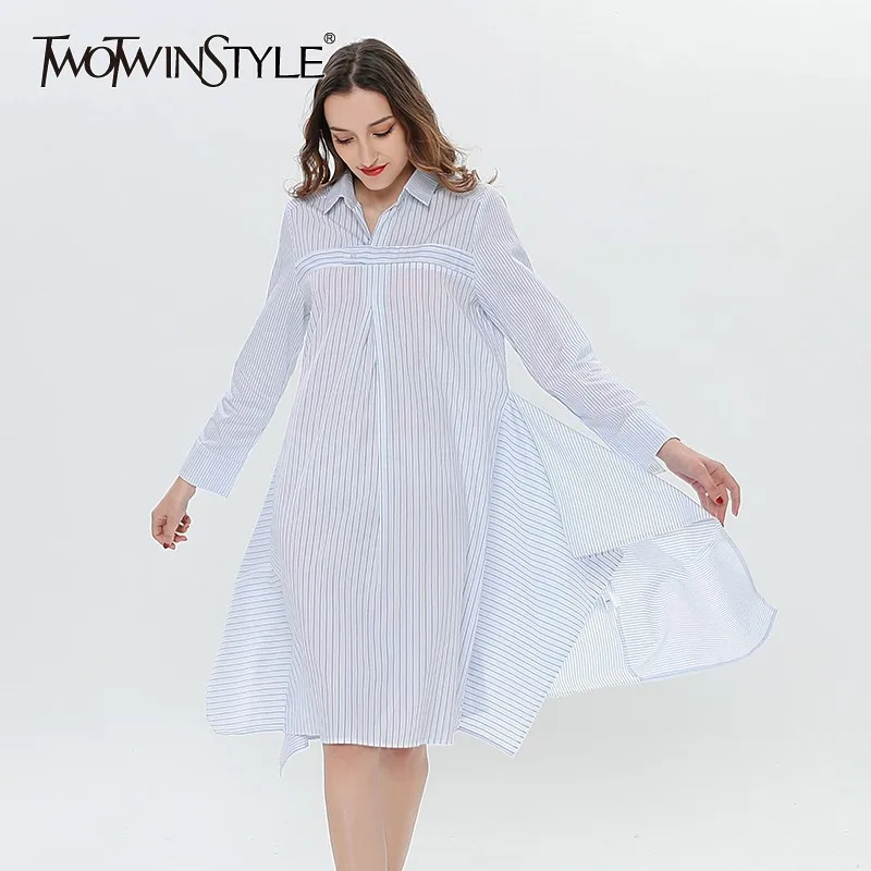 

TWOTWINSTYLE Striped Shirt Dress Female Asymmetrical Casual Dresses For Women Long Shirts Blouse Clothes Korean Big Sizes Spring