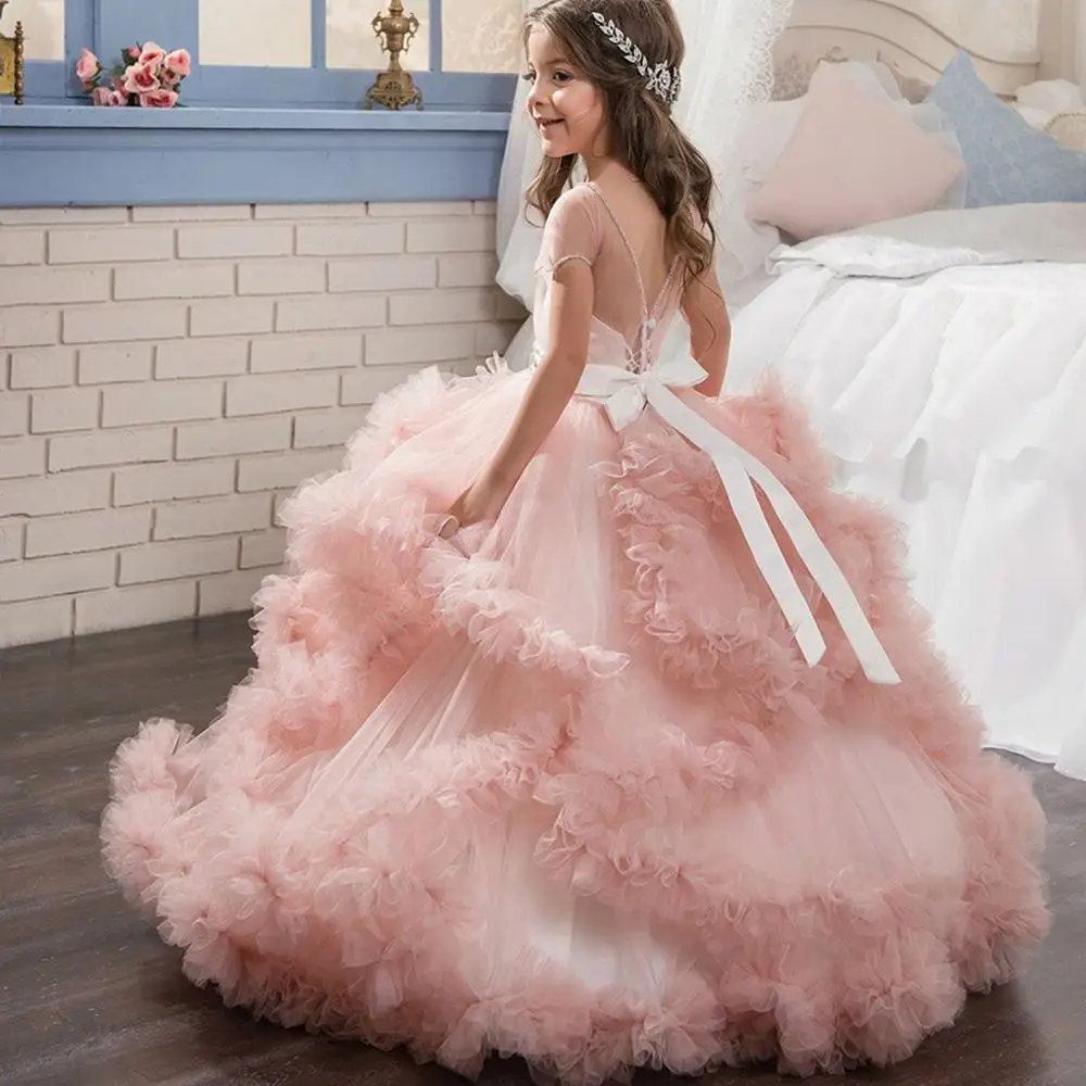Aibaowedding/Необычные пышные розовые платья для девочек; длинные Детские бальные платья; Vestido de; фатиновые Платья с цветочным узором для девочек на свадьбу