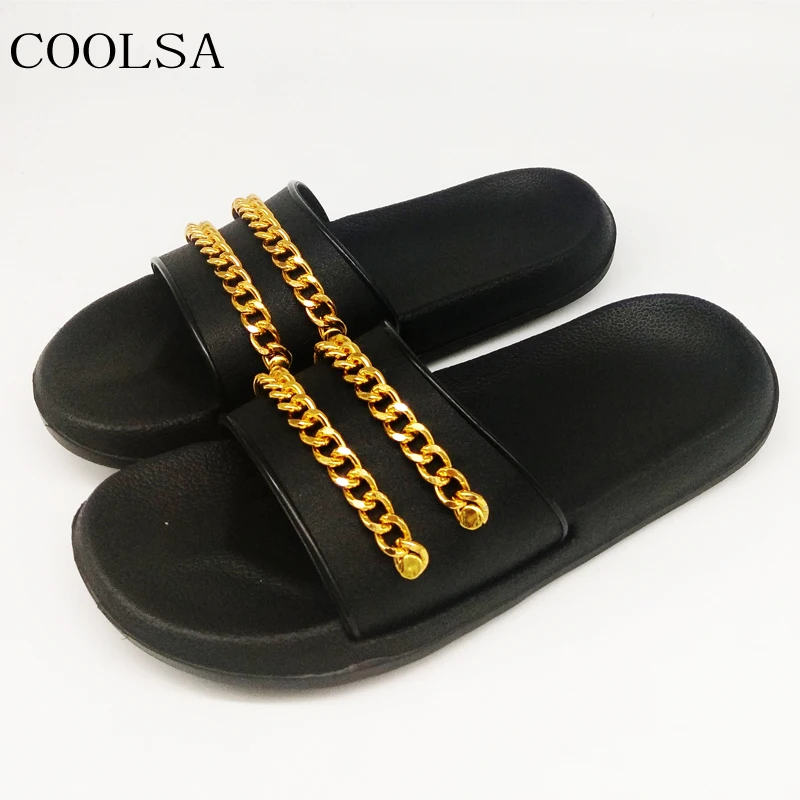 

COOLSA Men's Summer Metal Chain Slippers Outdoor Beach Flip Flops Home Non-slip Bathroom Slippers Men Slides Flat Couple Sandals