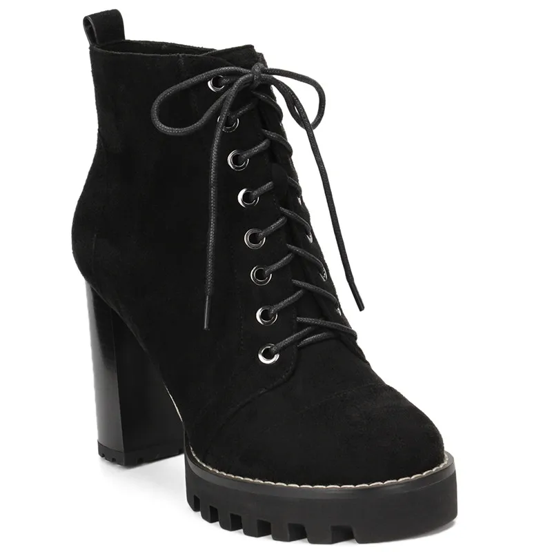 Karinluna/Модные ботильоны на не сужающемся книзу высоком массивном каблуке, большой размер 41 женская обувь на платформе со шнуровкой женские ботинки - Цвет: black flock
