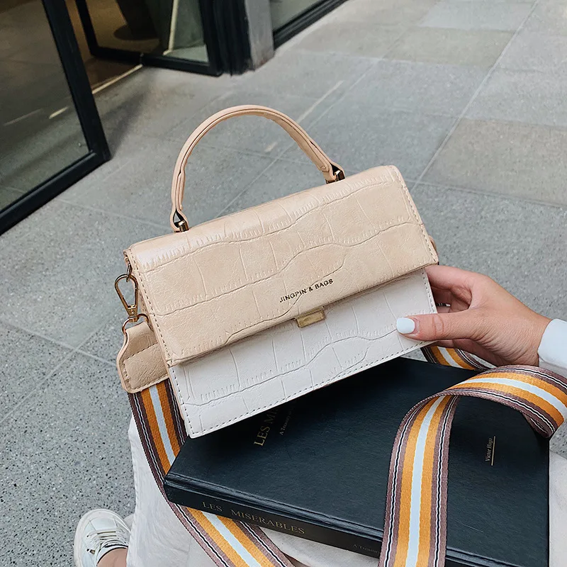 

Female 2019 New Korean Women Alligator Small Square Messenger Bag Wide Stripe Strap Shoulder Bag Contrast Color Small Tote Bag