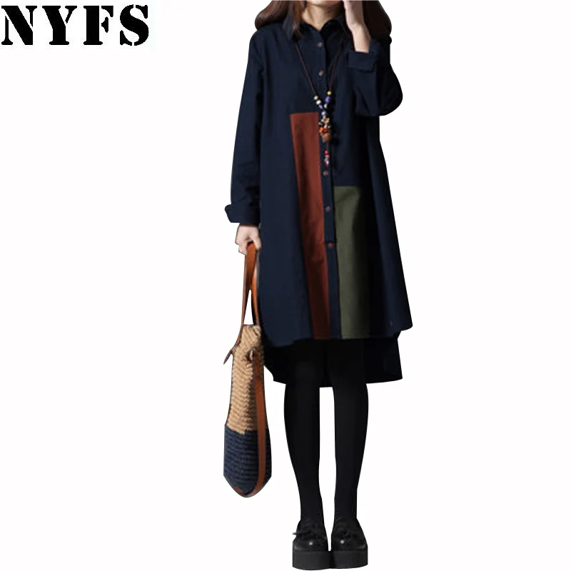 Женское свободное платье-рубашка NYFS хлопково-льняное платье с длинным рукавом