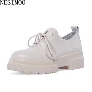 

NESIMOO 2019 Women Shoes Genuine Leather Med Heel Round Toe Lace Up Spring Autumn All Match Simple And Fashion Style Size 34-42