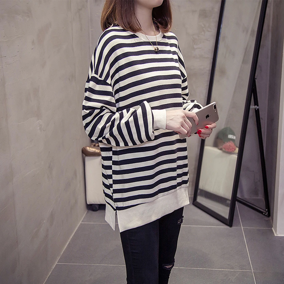 

Rurouisbeir Women Tops 2019 New Autumn Loose Striped Outwear Hem Split Long Sleeves Shirts Casual Cotton Tops