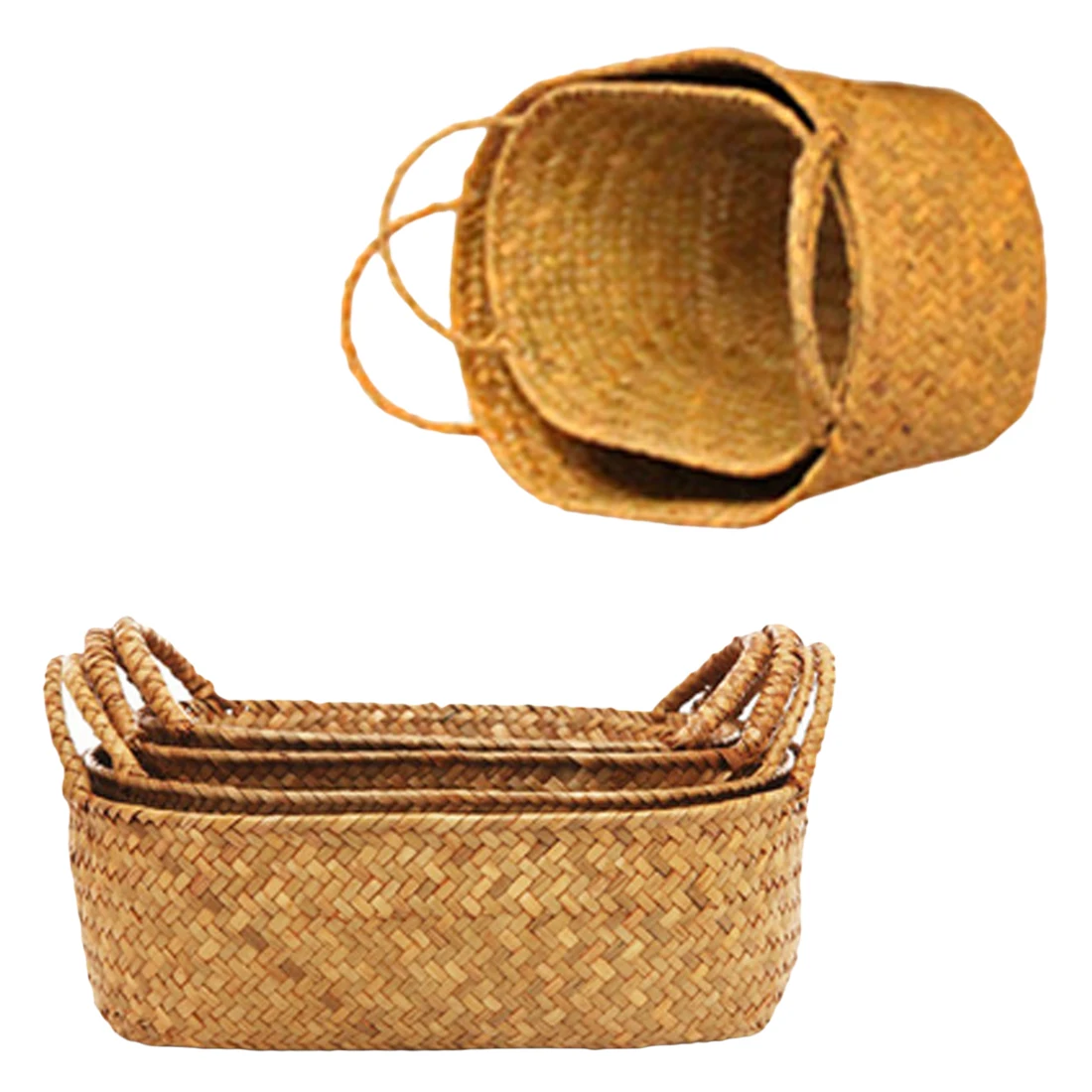 

Household Storage Foldable Natural Seagrass Woven Storage Basket Pot Garden Flower Vase Hanging Wicker Basket Bellied Baskets