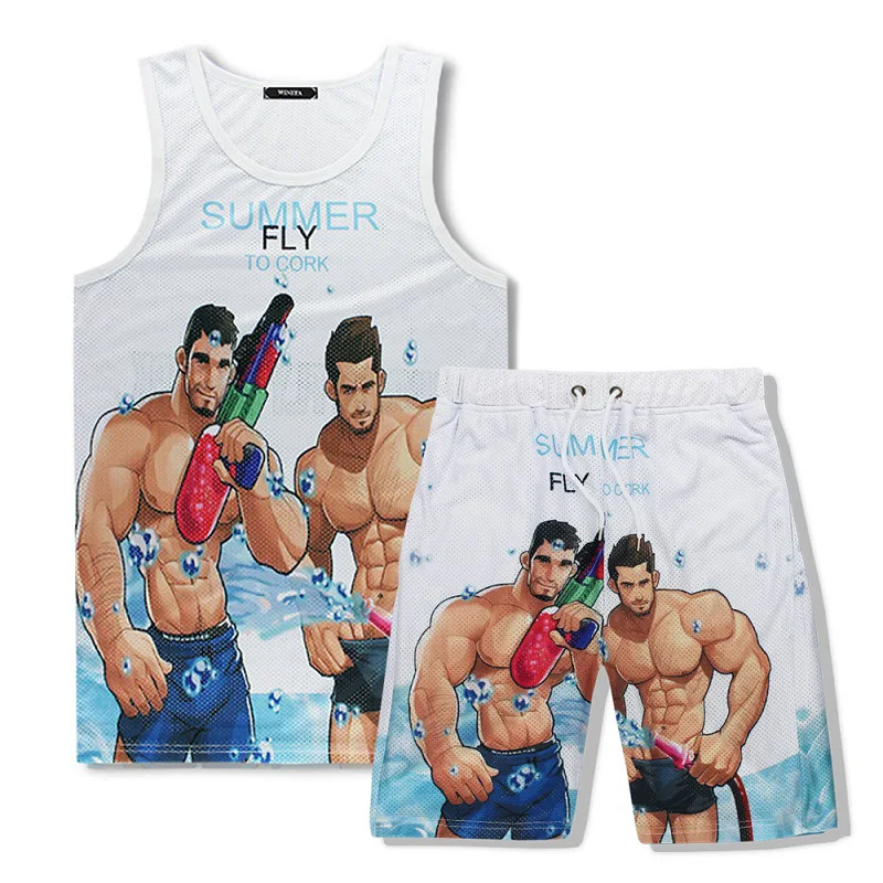 Brand Clothing New Fashion Track Suit For Men Tank Top 2pcs Shorts Sets 3D Print Letter Sleeveless T shirt Mesh Vest summer set