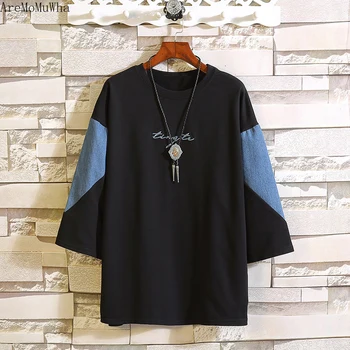 

AreMoMuWha Summer Stitching Loose Seven-point Sleeve Men M-5XL Fat Tide Brand Short-sleeved T-shirt Trend Half-sleeved Shirt 992