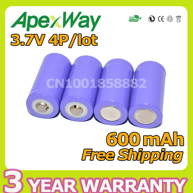 

Apexway 4Pcs/Lot 3.7V 600mAh Li-ion 16340 Rechargeable Battery High safety industrial use