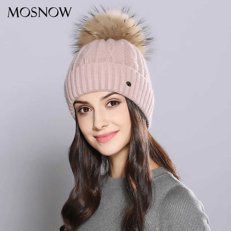 

Woman Winter Hats Wool Raccoon Fur Pom Pom Stripe 2019 Autumn Winter Women'S Knitted Hat Female Skullies Beanies #MZ726B