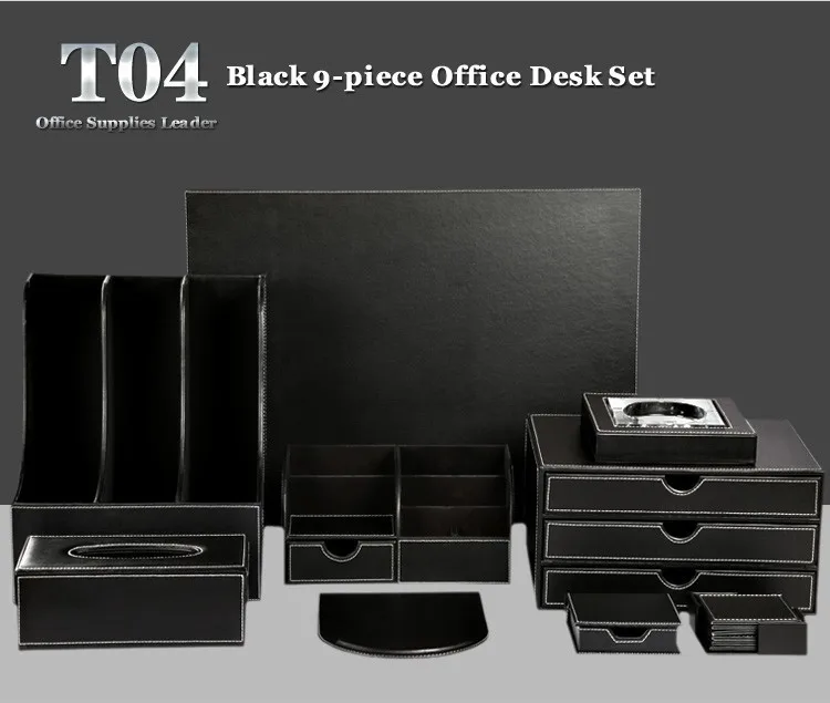 T04 Black Роскошный офисный Настольный набор из 9 предметов, ручка, держатель для карандашей, коврик для мыши, Канцелярский органайзер, коробка, диспенсер для салфеток, пепельница T04, черный/коричневый - Цвет: T04 Black