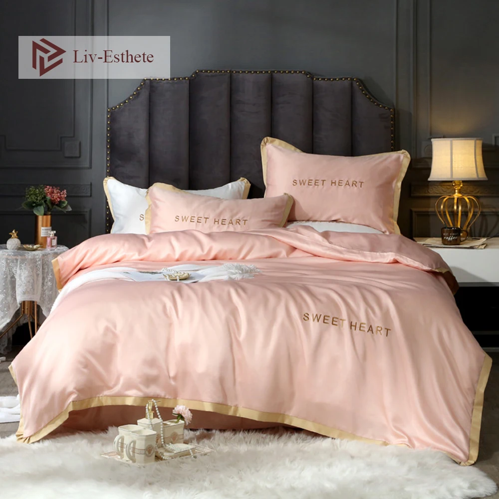 

Liv-Esthete 100% Silk Pink Luxury Bedding Set Embroidery Duvet Cover Flat Sheet Pillowcase Bed Linen Double Queen King For Adult