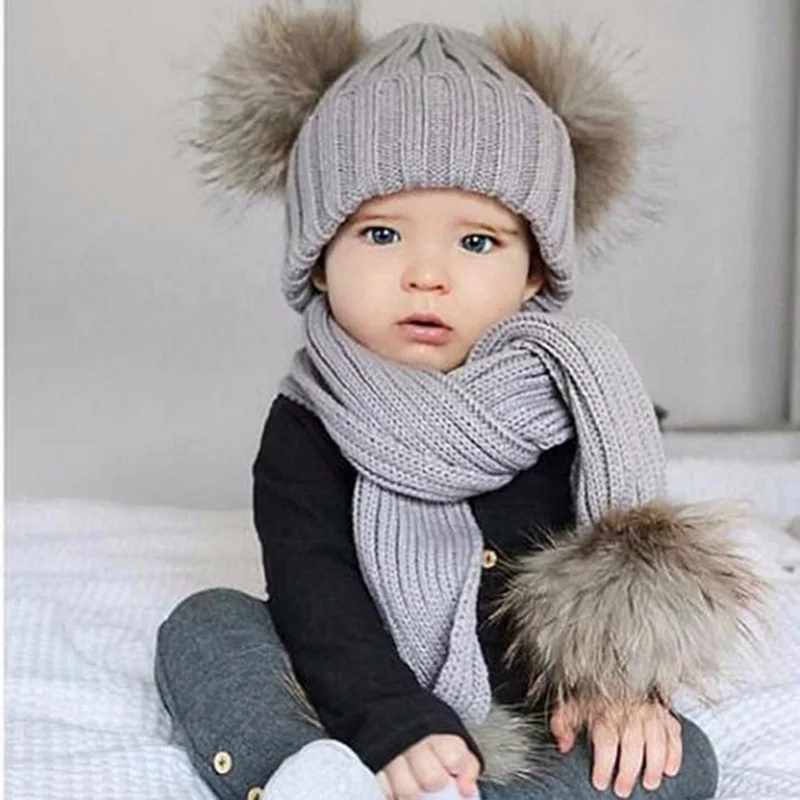 

New Winter Fashion Kids Double Pom Pom Hats Scarf Set Children's Thick Warm Knitted Pompom Caps + Knitted Pom Pom Scarf Sets