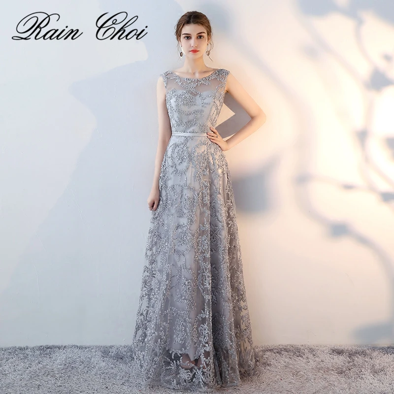 

Silver Long Prom Dresses 2019 New Arrival O Neck Sheer Back Embroidery A Line Party Evening Gowns Real Photo