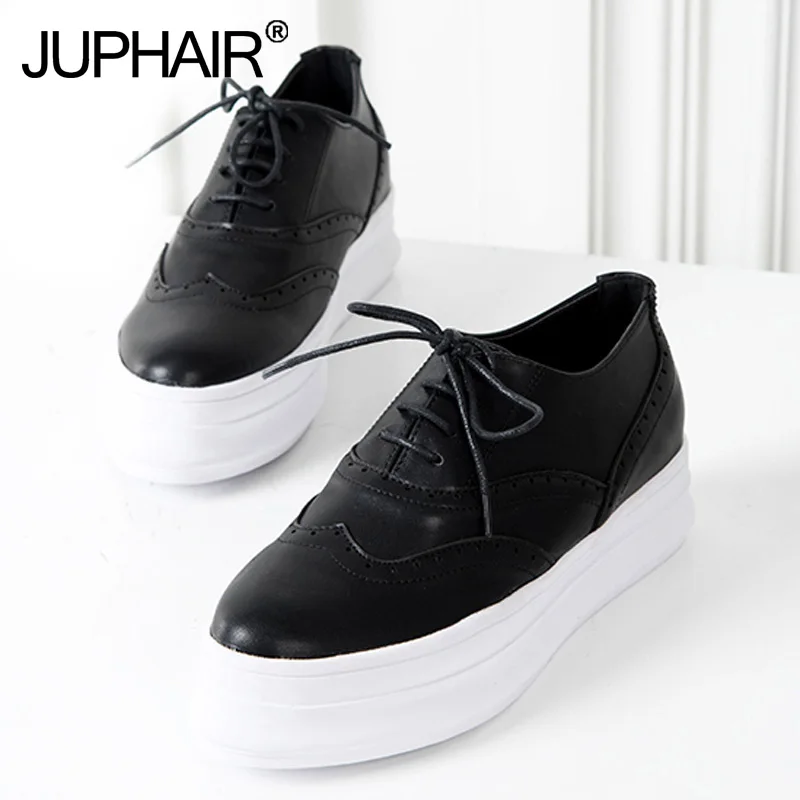 

Women Girls New Genuine Leather Shoes Fashion Toe Paltform Round Thick Crust Muffin Bottom Black White Gold Silver Gift Footwear