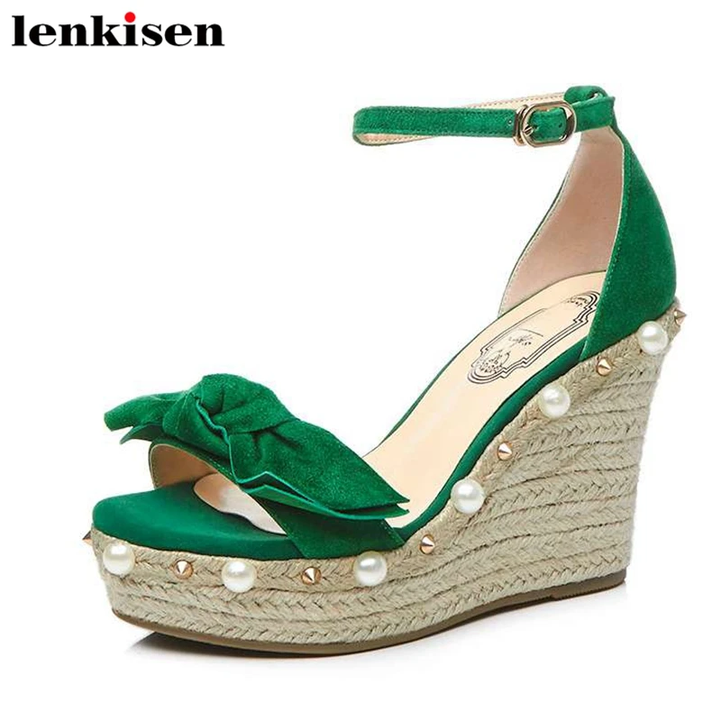 

Lenkisen queen style butterfly-knot pearl rivet kid suede buckle strap super high heels runway party shopping women sandals L63