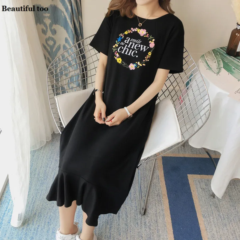 

Women Shirt Dress Short Sleeve Elegant Cotton Casual Korean Long Midi Dresses Ruffles Floral Female Leisure Loose Clothes Tops