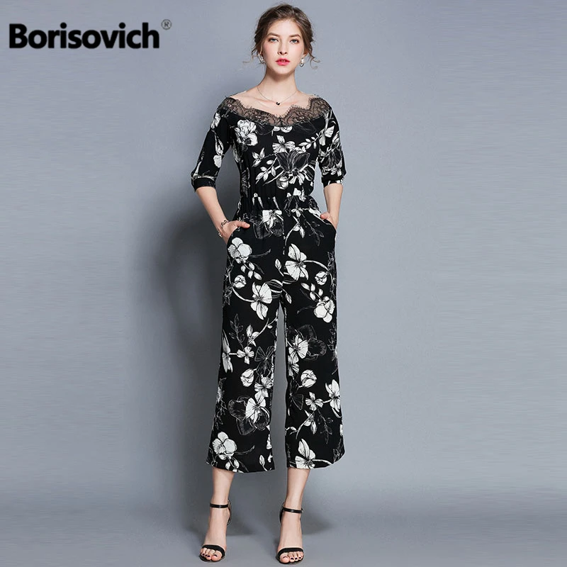 Борисович новый бренд 2018 г. осенние модные Цветочный принт кружева v-образным вырезом высокое качество Для женщин Повседневное комбинезон