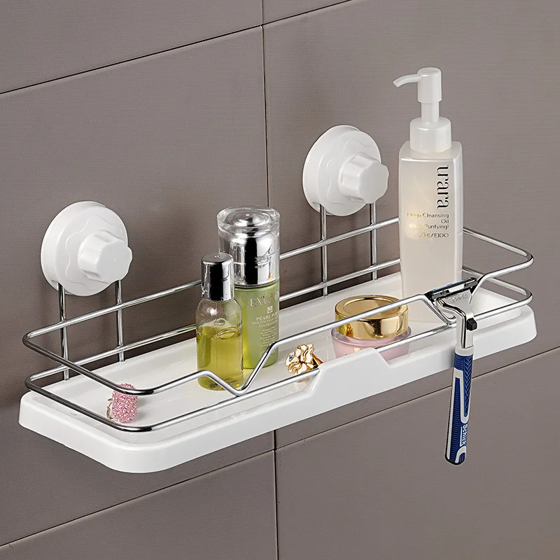ABS+Stainless Steel Shower Basket Suction Rack Towel Single Tier Bathroom Accessories Shampoo Holder