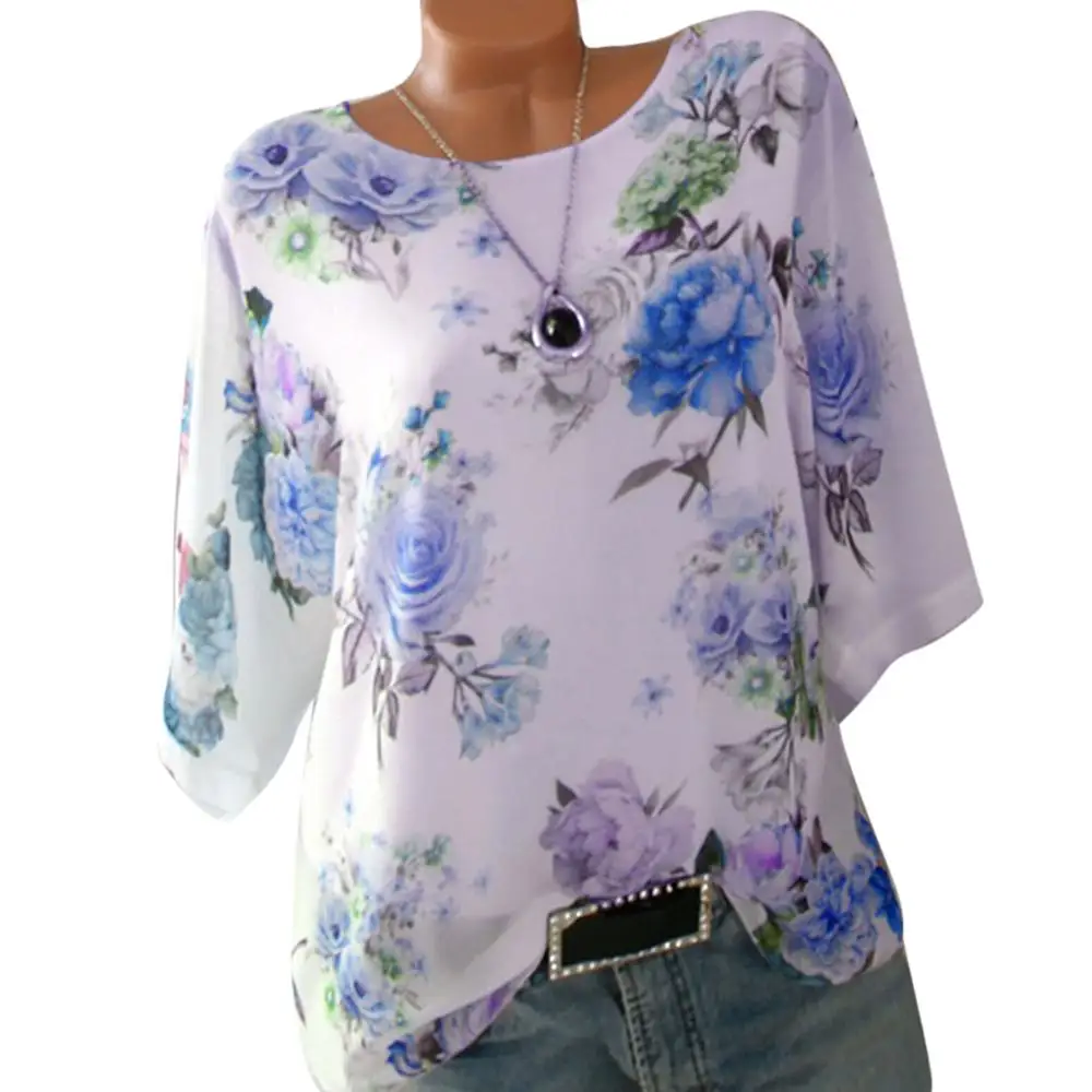 Женская S-5XL блузка большого размера, свободная блузка с цветочным принтом и вырезом лодочкой, пуловер, топы, рубашка, Женские топы и блузки, Новинка - Цвет: Blue