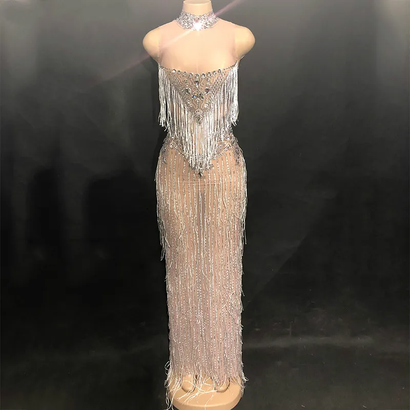 

Sparkly Rhinestone Tassels Long One-piece Dress Birthday Party Sexy Dresses Female Nightclub Singer Performance Dance Costumes