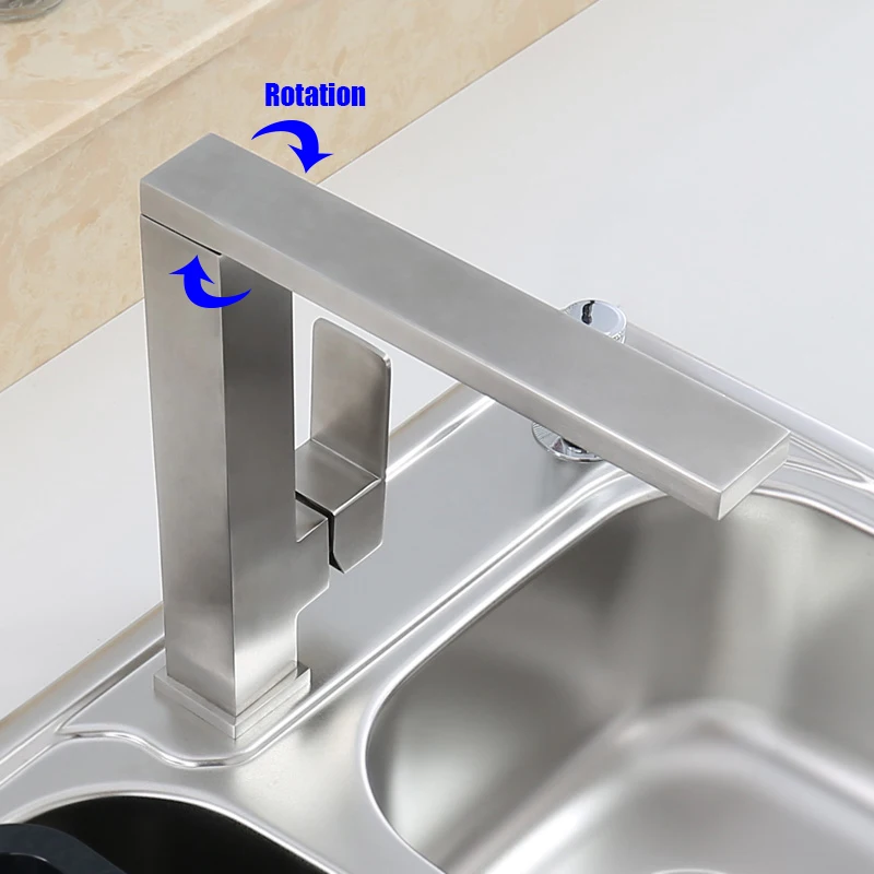 Качественный квадратный кухонный кран из нержавеющей стали, вращающийся смеситель для кухни и ванной комнаты