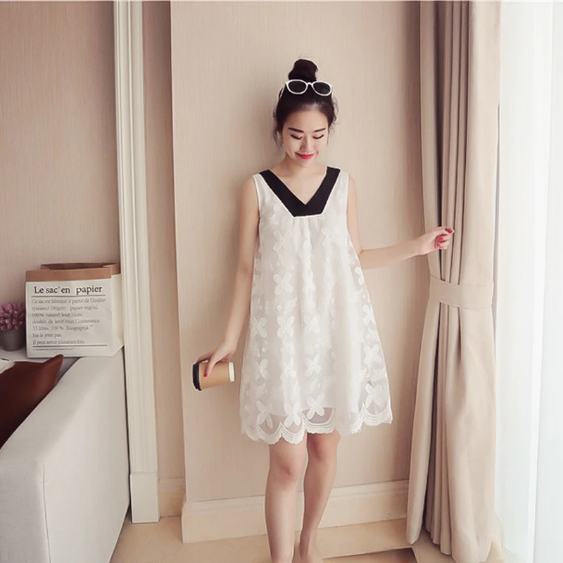 

New arrival Summer Pregnant Women Fashion V-neck Bow tie Lace dress Womens Korea Style Loose Lace Maternity Clothes