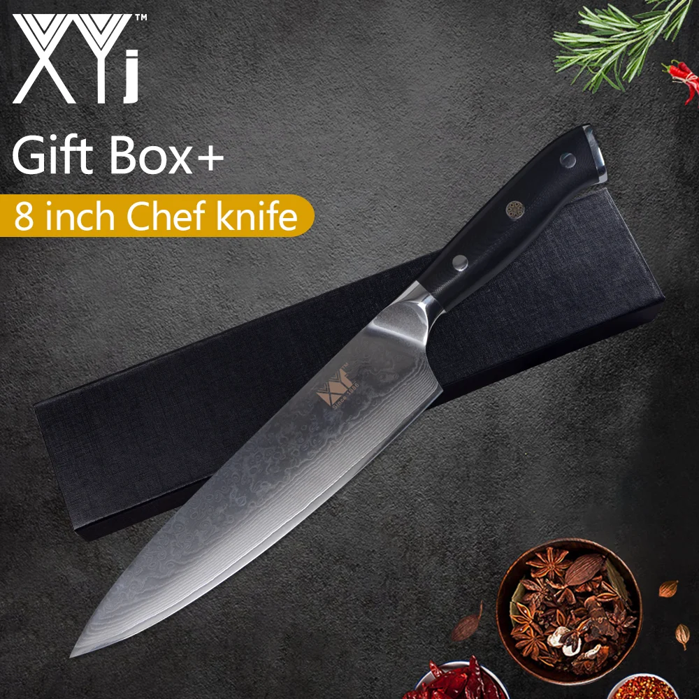 

XYj Damascus Steel Knife 8'' Chef 7'' Santoku Knife VG10 Sharp Blade Color Wood Handle Knives Gift Box Cooking Accessories
