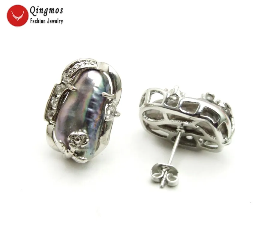 

Qingmos Trendy Natural Baroque Biwa Pearl Earrings for Women with 10*14mm Black Pearl Silver Plate Stud Earrings Jewelry ear709