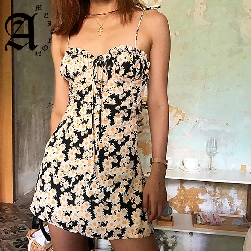 

Ameision Boho Casual Short backless Mini Dress 2019 Summer Beach Dresses Elegant Vintage Kawaii Yellow Floral Tunic Cami Dress