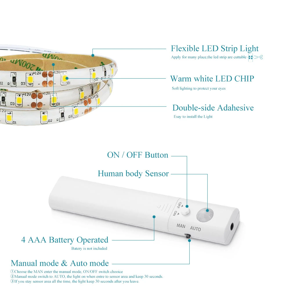 Движения PIR сенсор ночник светодиодные ленты Веревка лампы для мотоциклов батарея работает шкаф выключения таймер кровать лампа