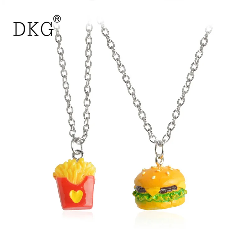 

2pcs/set Mini Fast Food Pendant Necklace Long Miniature Cheese burger French Fries Burger Heart Chain Friendship Jewelry