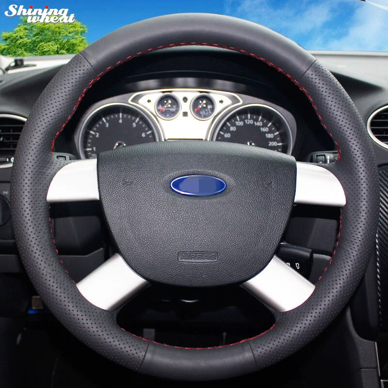 Shining wheat Hand-stitched Black Leather Car Steering Wheel Cover for Ford Kuga 2008-2011 Focus 2 Shining wheat Hand-stitched Black Leather Car Steering Wheel Cover for Ford Kuga 2008-2011 Focus 2