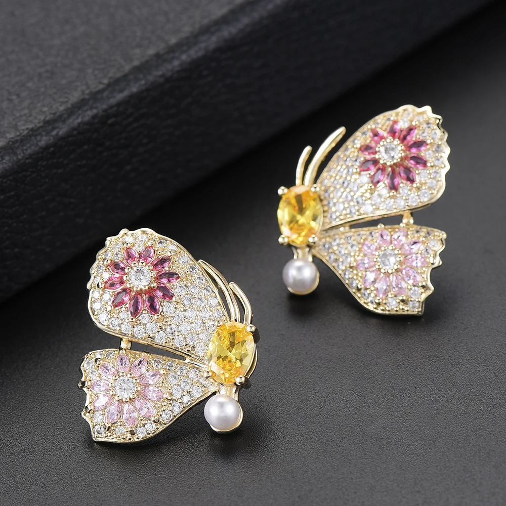 

20*25 mm Unique Colorful One Pair Butterfly Imitation Pearl Stud Earrings Cubic Zirconia Inlaid Jewelry For Women Girls