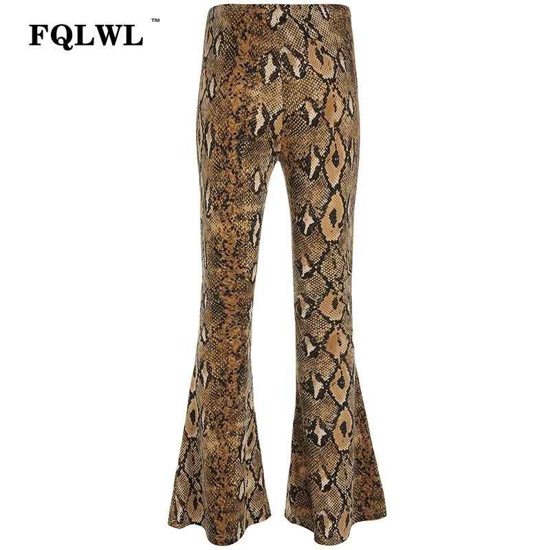FQLWL, Сексуальные клубные леопардовые широкие брюки, женские брюки, змеиный принт, высокая талия, обтягивающие брюки, женская уличная одежда, облегающие брюки-клеш