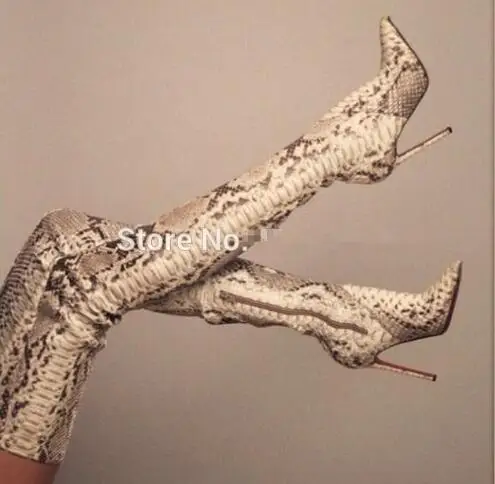 snakeskin print over the knee boots