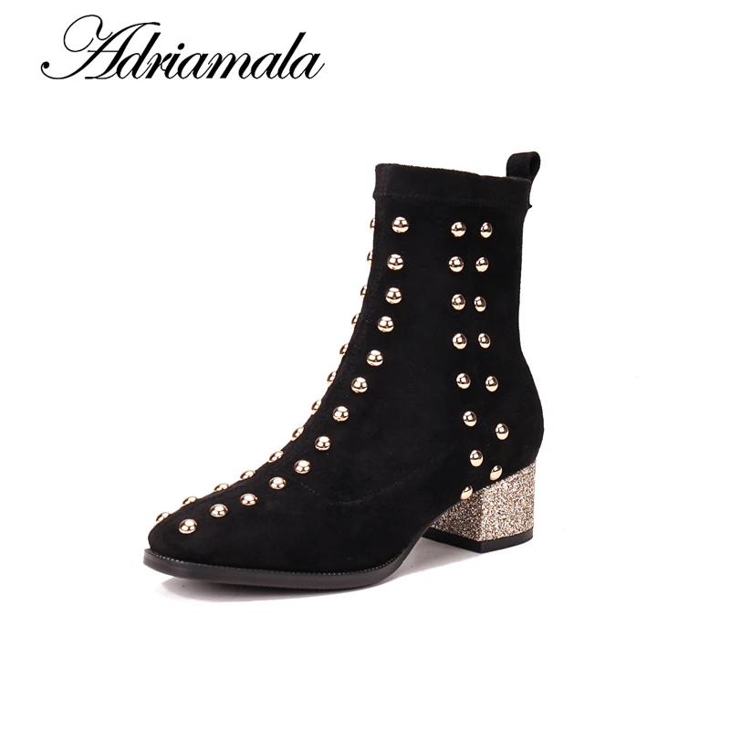 

2018 Flock Ankle Boots Woman Slip-on Round Toe Square Heel Rivet Motorcycle Ankle Boots For Women Fashion Adriamala