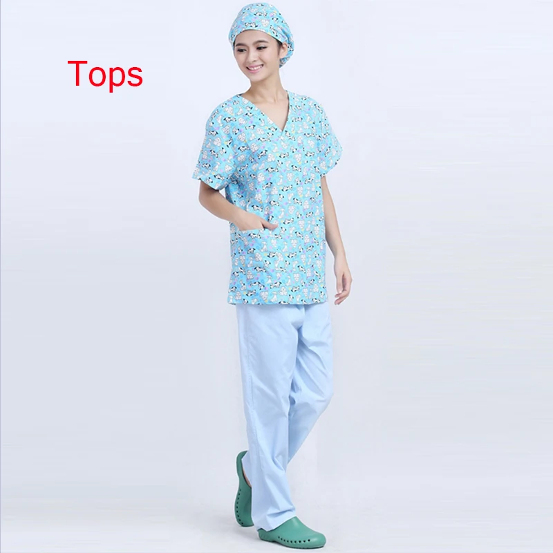 Dogs Printed Doctor Nurse Uniform Women Short-sleeve Scrub Sets Medical Uniform Hospital Dental Clinic Beauty Salon Workwear Set - Цвет: Tops