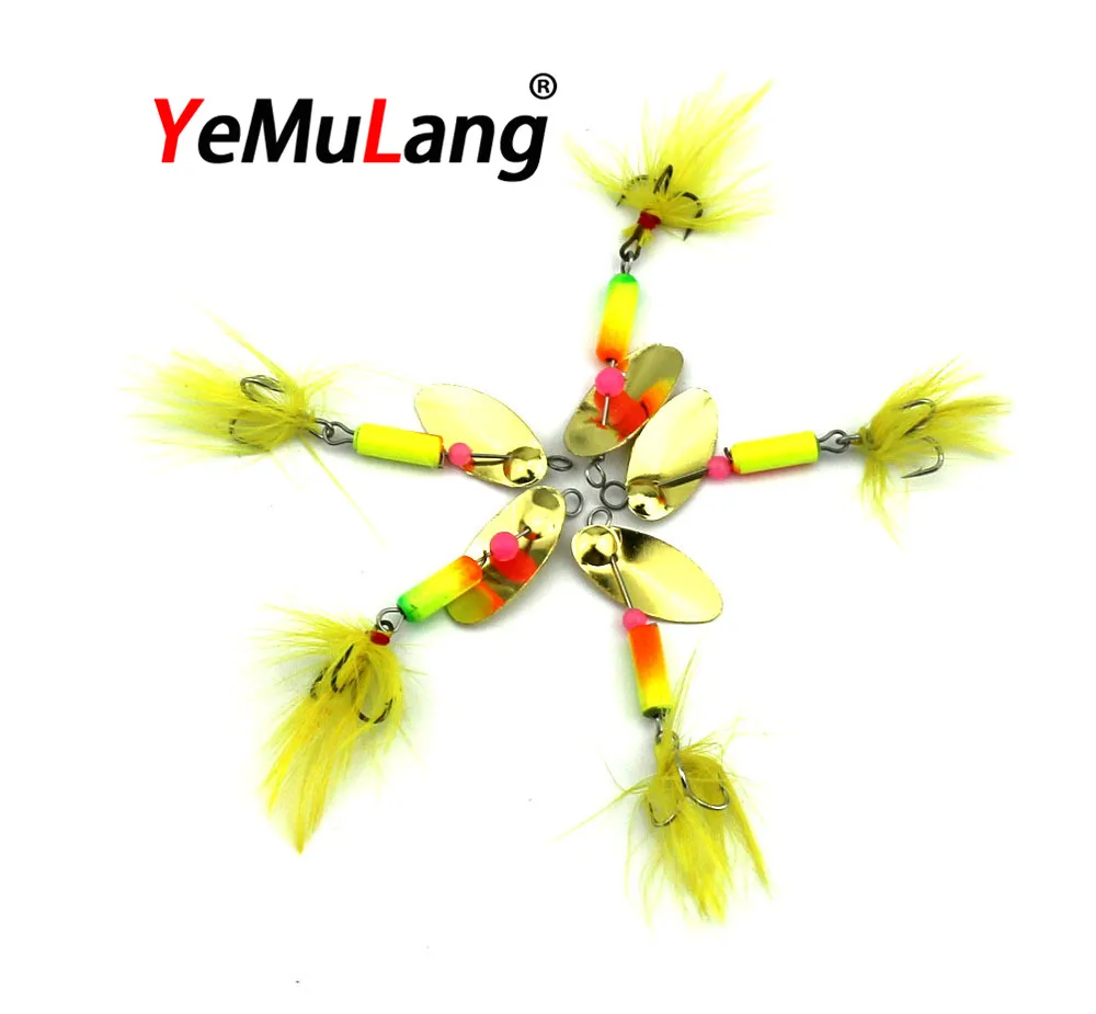 

YeMuLang 1PCS Spinner Bait Metal Artificial Fishing Lure Double Tail Propeller Hard Baits With 8# Feather Hook Trout Carp