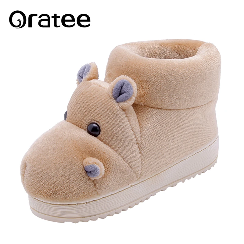 

High Quality Cotton Fabric Warm Winter Plush Home Slippers Animal Prints Cute Cartoon hippo Indoor Women Slippers Men Slippers