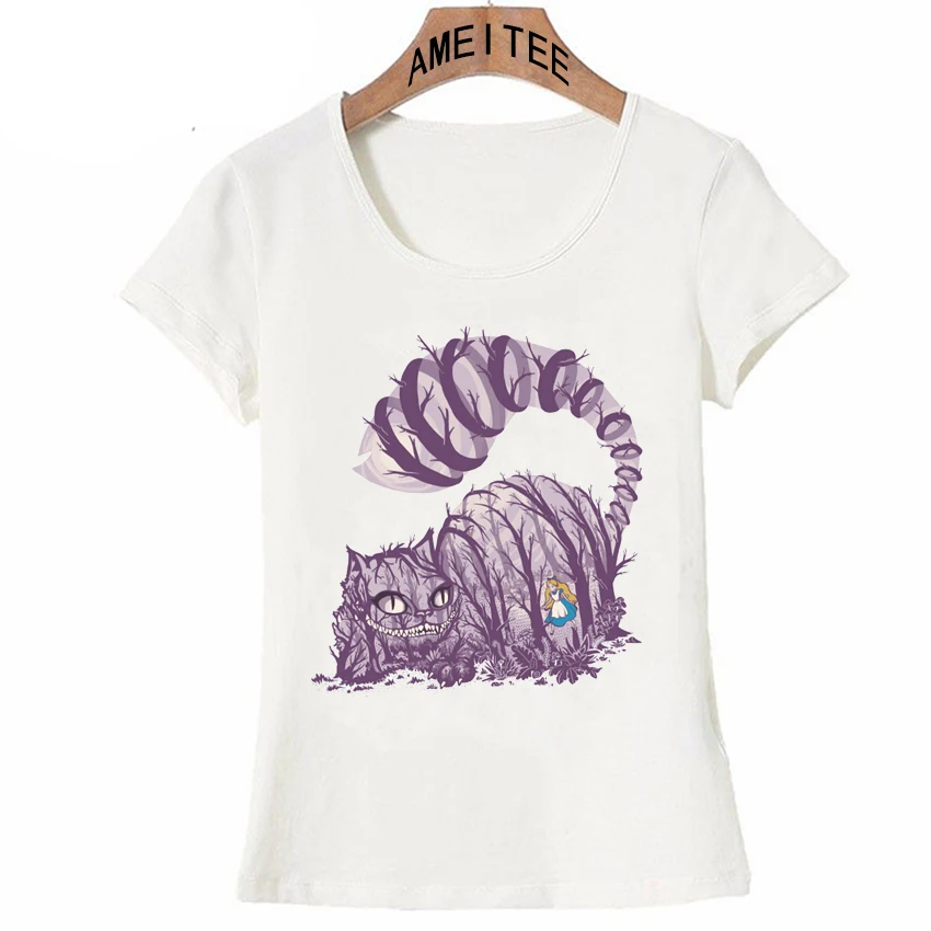 

New Harajuku Big Purple Tooth Ghost Cheshire cat design Women T-Shirt summer hipster Who is in wonderland print women's T-Shirt