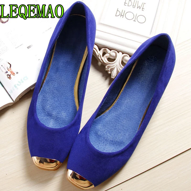 Women shoes summer big size 34-43 2019 fashion blue flats slip-on loafers square toe metal decoration leather ballet flats