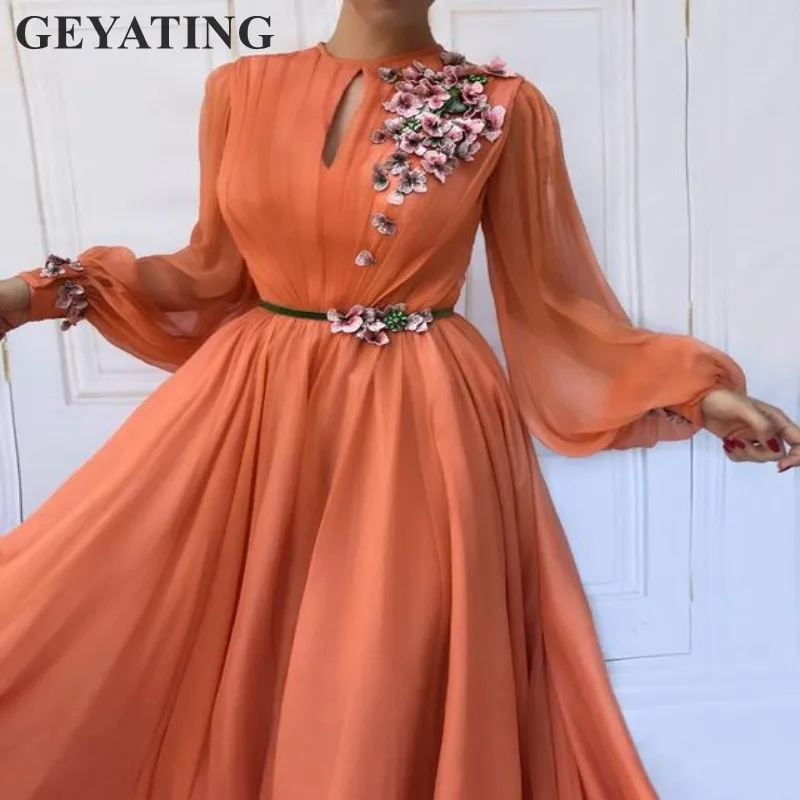 

Orange Long Sleeves Women Evening Dress 2019 Vestido ano novo Elegant Long Formal Party Dinner Gowns Embroidery Pink Flowers