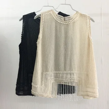 

High Fashion Beading Pearls Pullover O-neck Women Fashion Tee Top Exquisite Handmade Beading Top