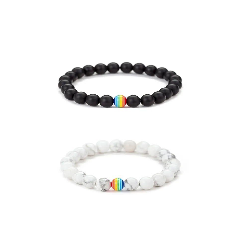 Rinhoo Fashion Hot Sale Black and White Couple Bracelet Handmade Scrub Stone Rainbow Gay Pride Bracelet Trendy Yoga Jewelry Gift