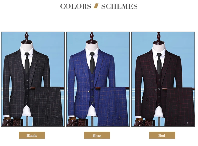 Модный клетчатый костюм для мужчин, корейский бутик, повседневные деловые официальные мужские костюмы, 3 предмета(пиджак+ жилет+ брюки), Свадебный костюм для жениха