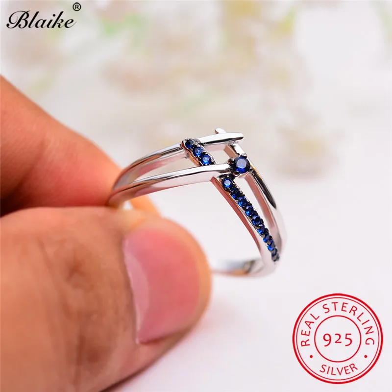 

Real s925 Sterling Silver Rings For Women Geometric Crown Ring Blue Sapphire Stone Wedding Bands Zircon Ring Simple Fine Jewelry
